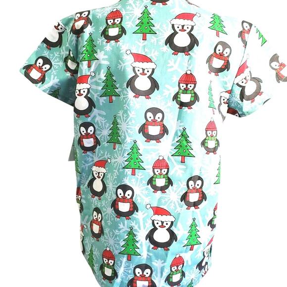 Gabby Brooke Holiday Winter Penguin Scrub Top Size S Pockets NEW Blue & Green - Picture 2 of 12